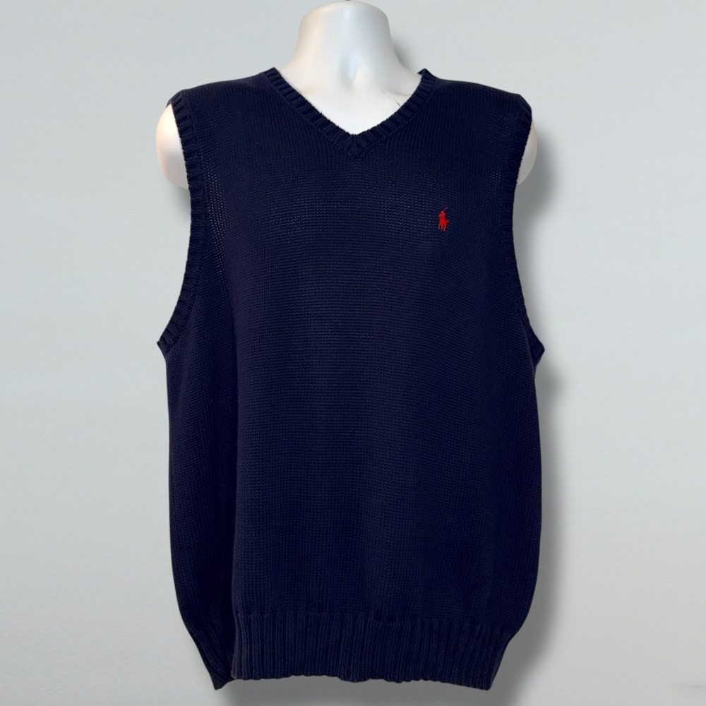 ⭐ POLO RALPH LAUREN 100% Cotton Knit Sweater Vest – Navy Blue, Red Pony –Size XL - Picture 2 of 16